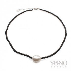 Halskette onyx, 9-11mm weiße Zuchtperle, Edelstahl