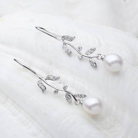 Ohrhänger, 7-8 mm Zuchtperle, weiß, Zirkonia, Silber