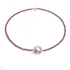 Collier mit weißer Baroque-Perle und Lepidolith 3-3.5 mm , 43 cm, vergoldet