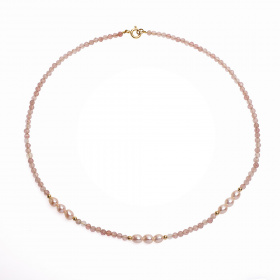 Collier mit 4-5 mm rosa Zuchtperlen, 3-3.5mm Rosenquarz , 41 cm, vergoldet