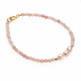 Armband mit 4-5 mm rosa Zuchtperlen, 3-3.5mm Rosenquarz , 18cm, vergoldet