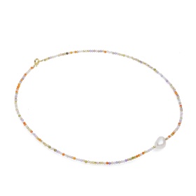 Collier, ovale Zuchtperle, weiß,2mm Spinnell mix, vergoldeter Verschluss