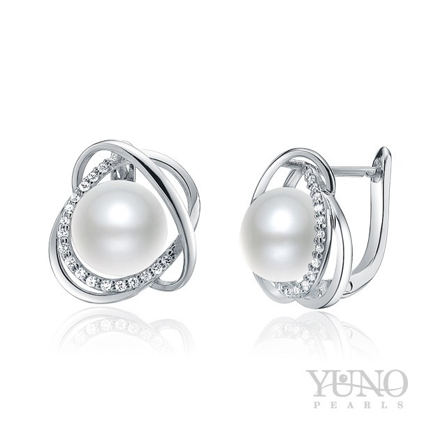 Ohrringe 9-10mm Zuchtperlen, weiß, Silber, Zirkonia