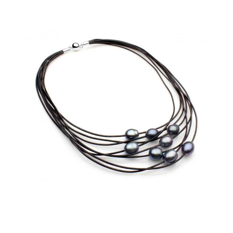 Lederkette schwarz, 8 Zuchtperlen 11-12mm, Magnetverschluss