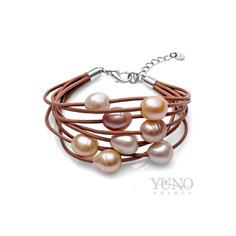 Lederarmband braun, 8 Zuchtperlen 11x12mm, Stahlkarabiner
