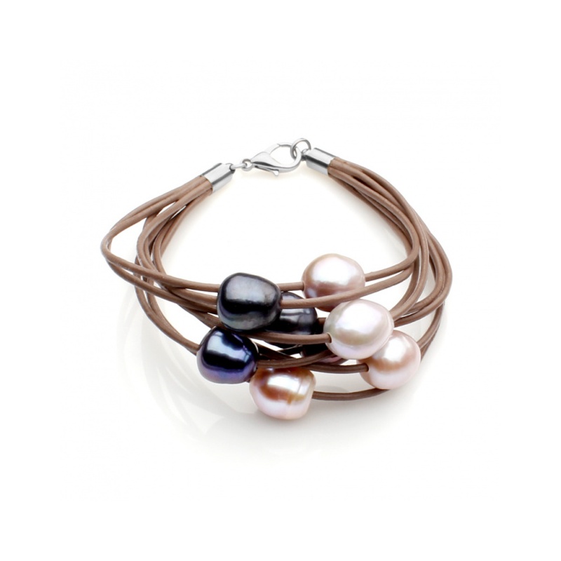 Lederarmband braun, 8 Zuchtperlen mix 11-12mm, Stahlkarabiner