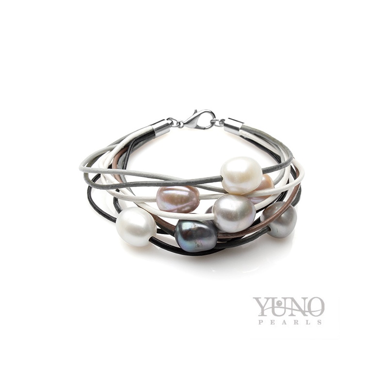 Lederarmband mix, 8 Zuchtperlen 11-12mm, Edelstahlkarabiner