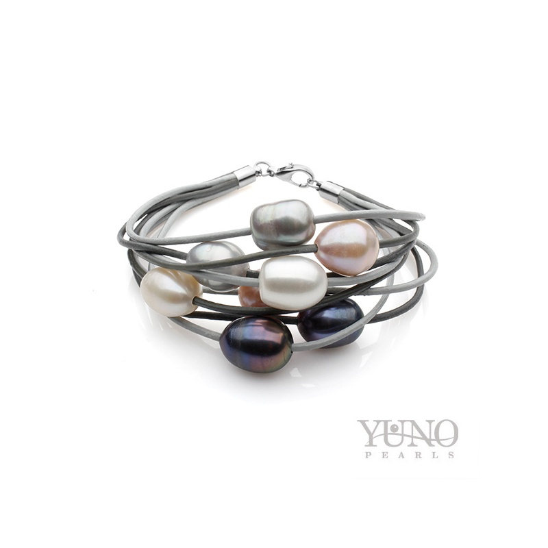 Lederarmband grauer mix, 8 Zuchtperlen 11-12mm, Stahlkarabiner