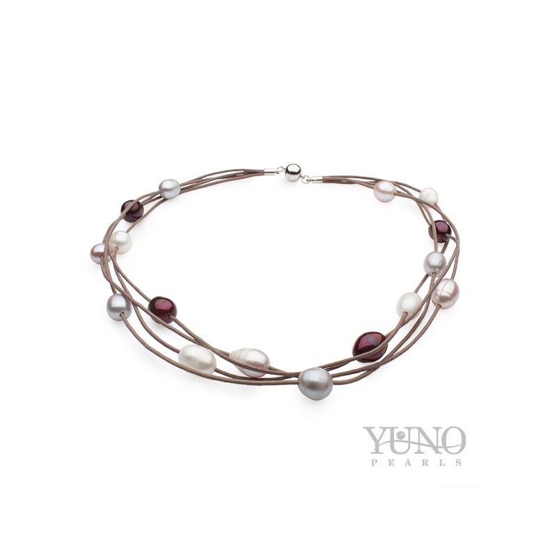 Lederkette braun, 16 Zuchtperlen 11-12mm, Edelstahlverschluss