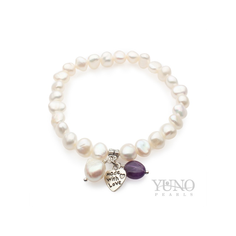 Armband 7-8 mm Zuchtperlen, weiß, Anhänger, Gummiband