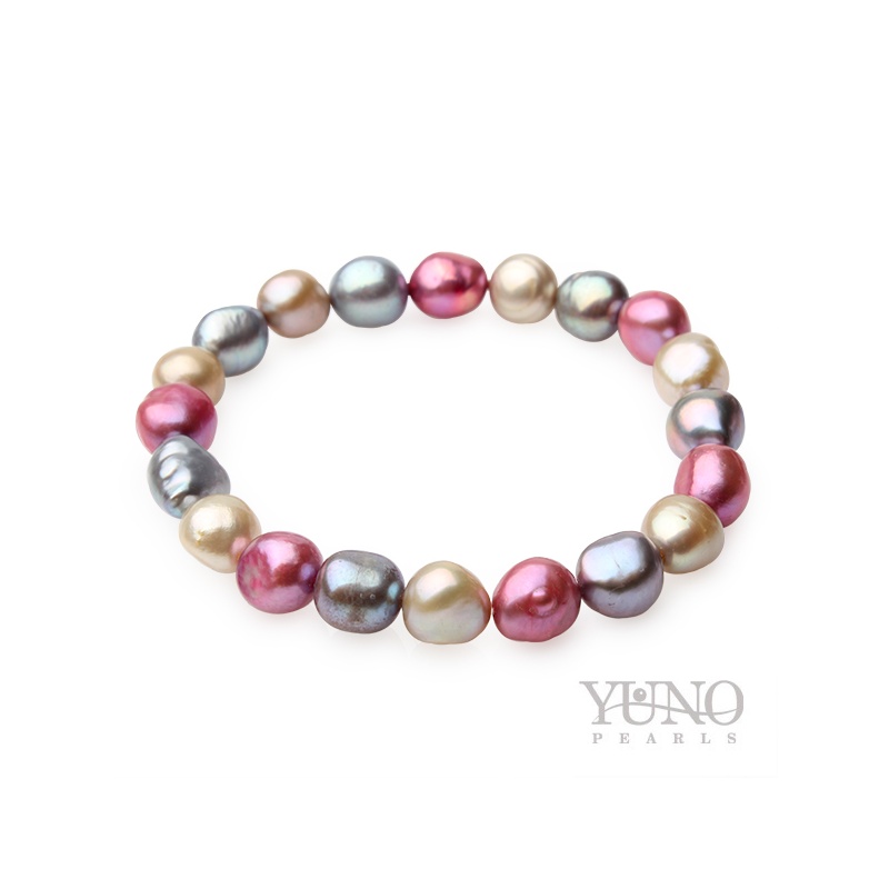 Armband 8-10 mm Zuchtperlen, lila, grau, Gummiband, 20cm