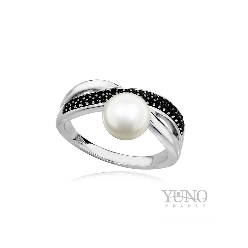 RIng 8-9mm Zuchtperle, weiß, Silber, schwarze Zirkonia