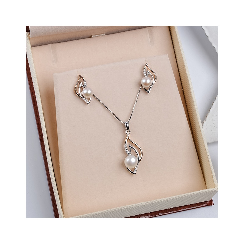 Set Ohrringe und Anhänger, 6-7mm und 5-6mm Zuchtperlen, weiß, Silber, Rosa Rhodium, Zirkonia