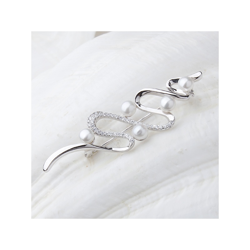 Brosche, 4-5mm Zuchtperlen, weiß, Silber, Zirkonia