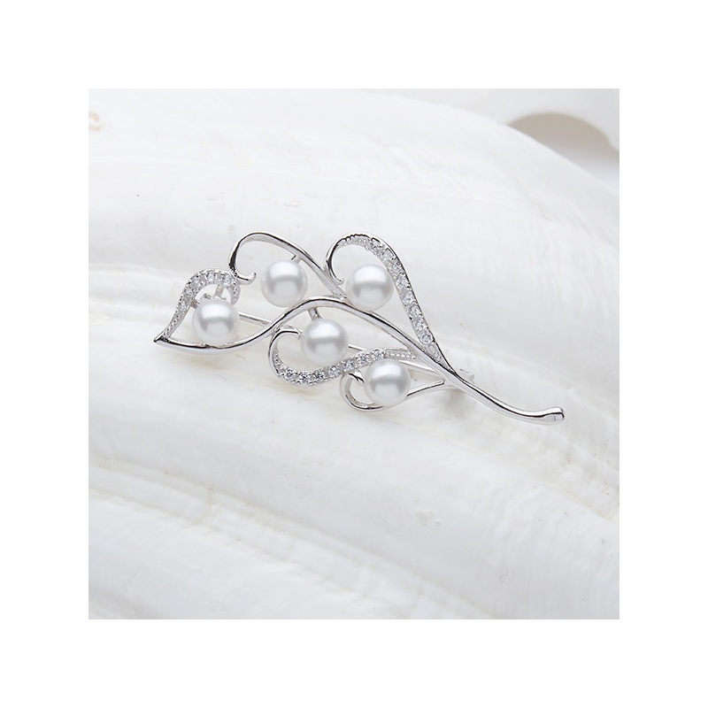 Brosche, 4-5mm Zuchtperlen, weiß, Silber, Zirkonia