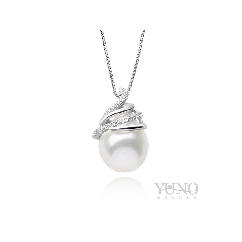 Anhänger, 1 Zuchtperle, 13-14 mm, weiß, Zirkonia, Silber