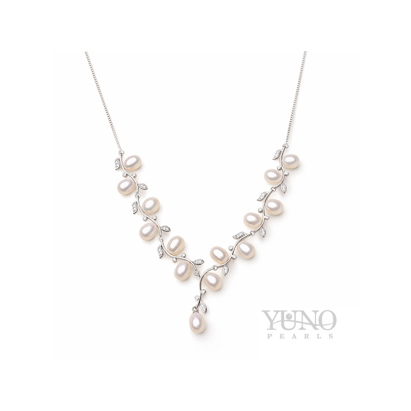 Collier 7-8mm Zuchtperlen, weiß, Silber, Zirkoniasteine
