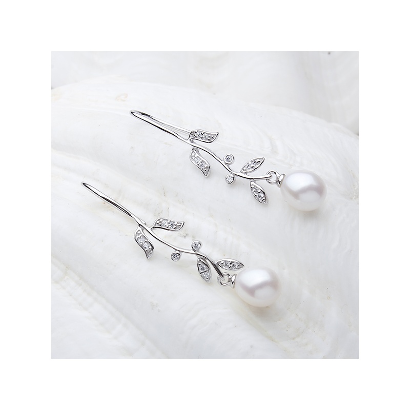 Ohrhänger, 7-8 mm Zuchtperle, weiß, Zirkonia, Silber