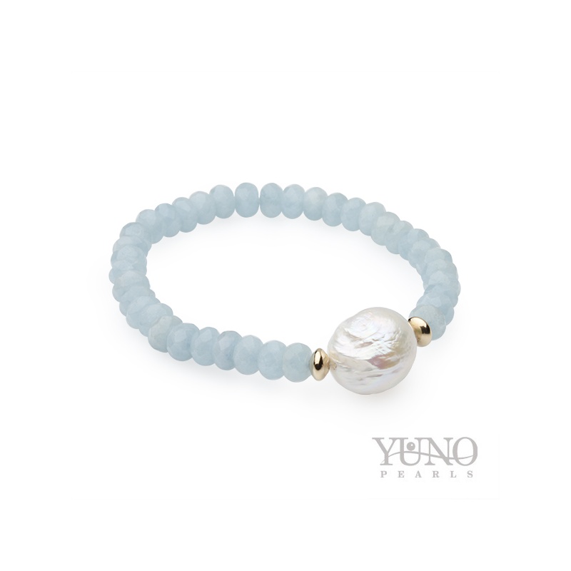 Armband mit 13-14 mm Baroque-Zuchtperle, weiß, Aquamarin 8 mm, vergoldet, 19.5 cm
