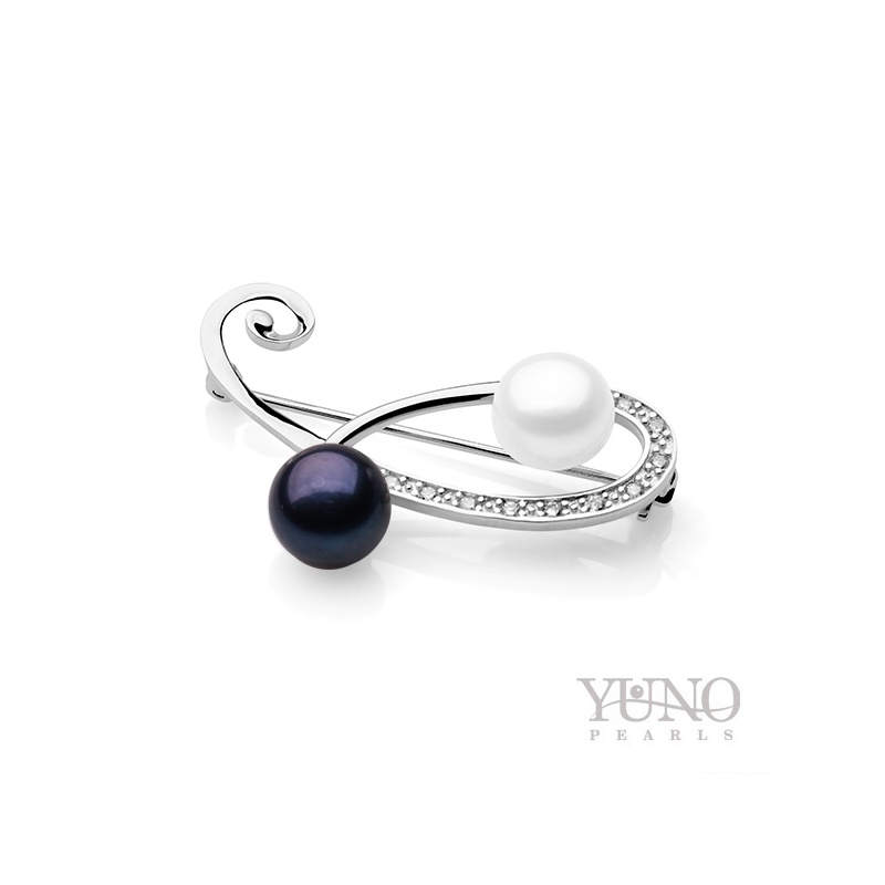 Brosche, 8-9mm Zuchtperle, weiß und dunkel, Silber, Zirkonia