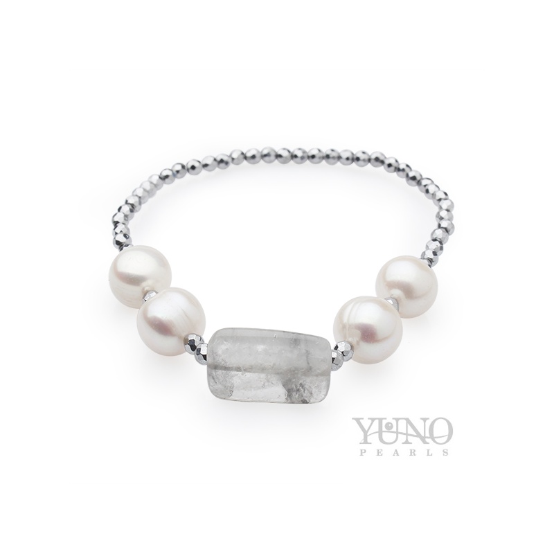 Armband, 9-10 mm weiße Zuchtperlen, Hämatit und Achat