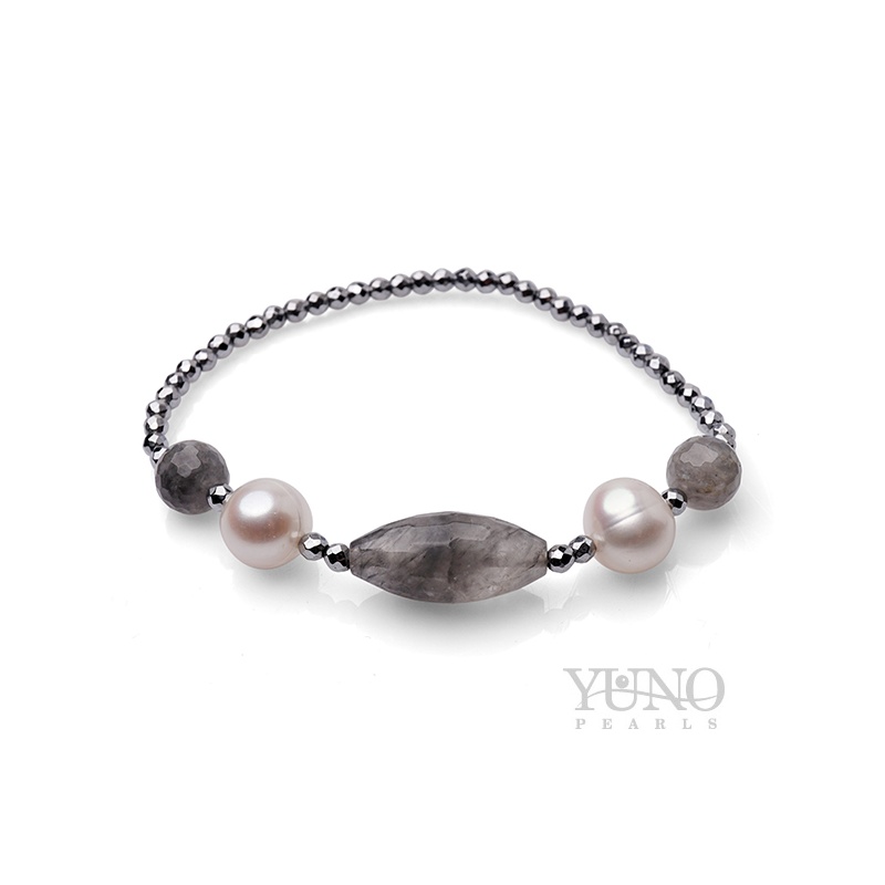 Armband, 9-10 mm weiße Zuchtperlen, Achat und Hämatit