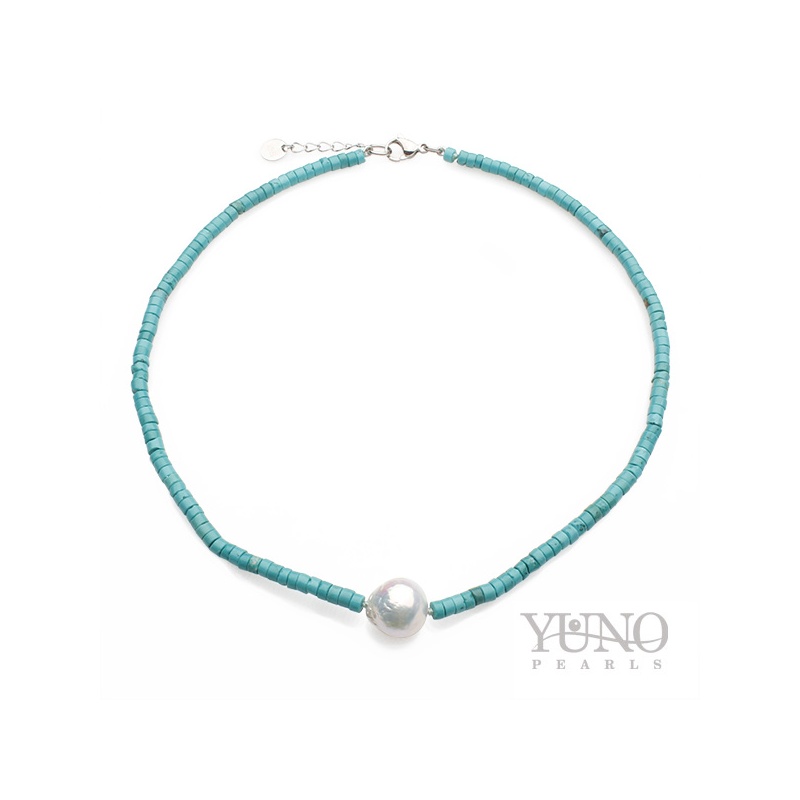 Collier mit weißer Baroque-Perle und Türkis 4.5 mm , 43+5 cm, Edelstahl