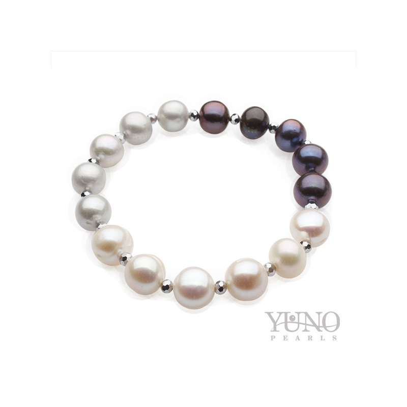 Armband, 8-9mm Zuchtperlen, weiß, grau, dunkel, Gummiband