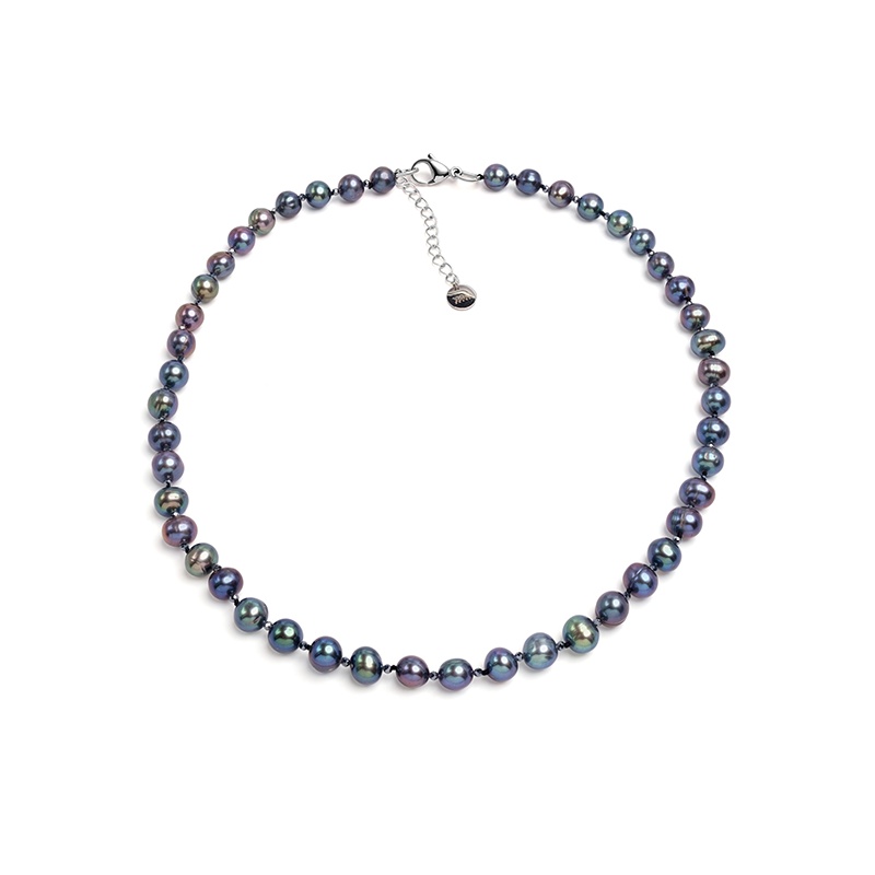 Collier 8-9 mm Zuchtperlen, dunkel, facettierte Kugelchen, 43+5 cm, Edelstahl