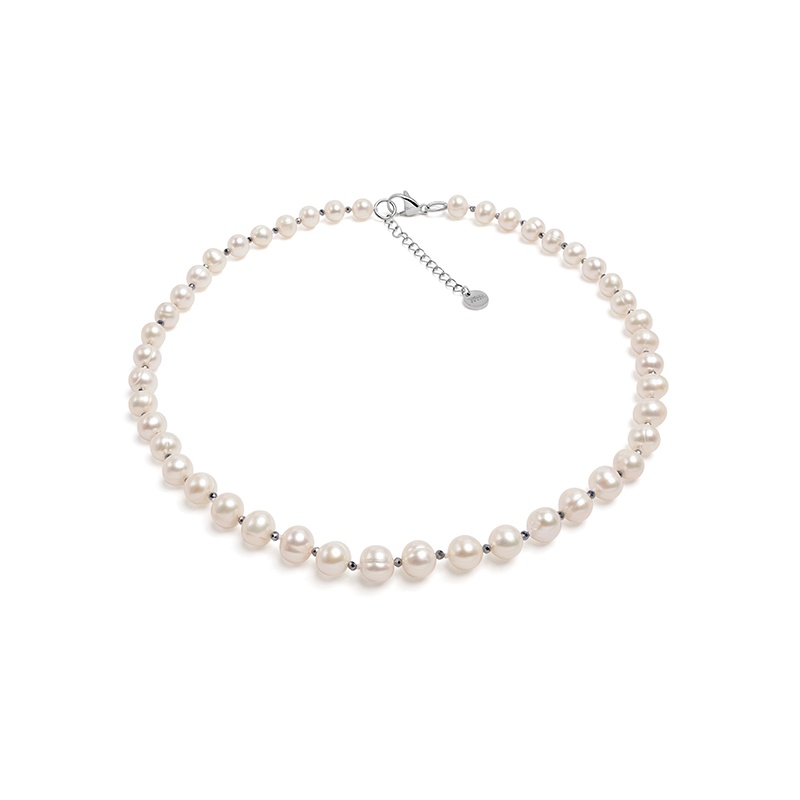 Collier 8-9 mm Zuchtperlen, weiß, facettierte Kugelchen, 43+5 cm, Edelstahl