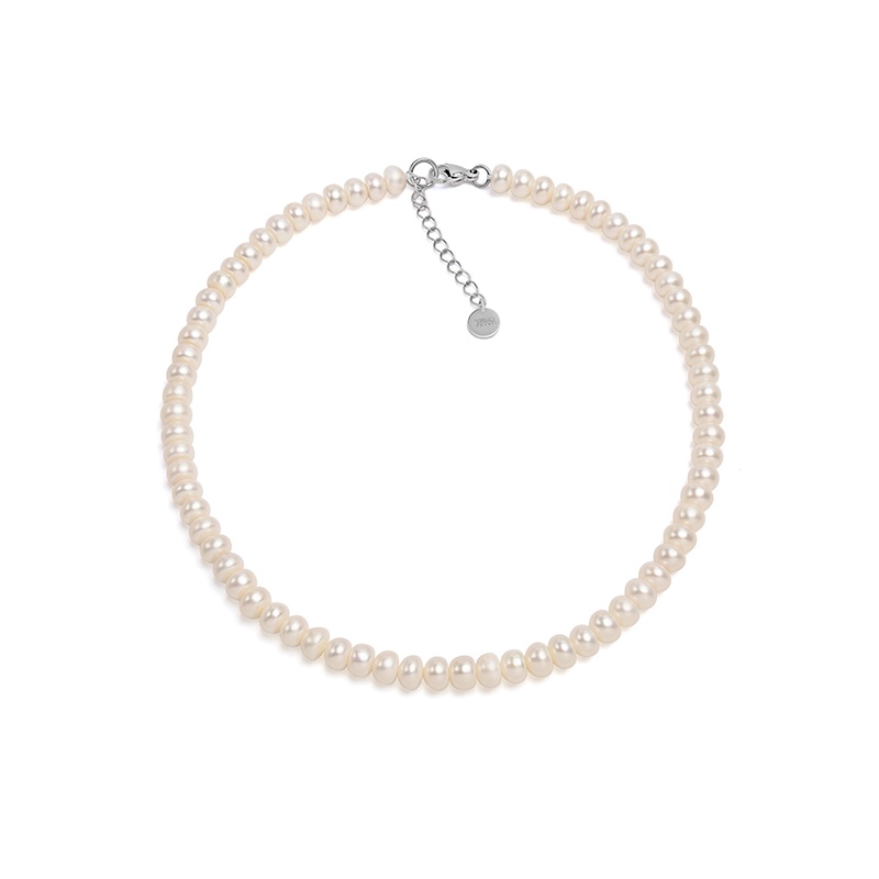 Collier 7- mm weiße flache Zuchtperlen, 47+5 cm, Edelstahl