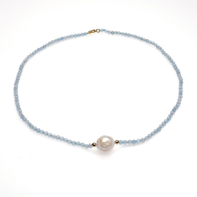 Collier, 10-11mm Zuchtperle, weiß, Aquamarin, vergolded