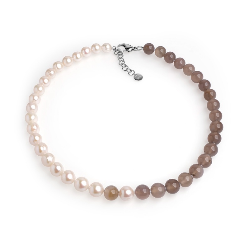 Collier 9-10mm Zuchtperlen, weiß, Achat 10mm, 45+5 cm
