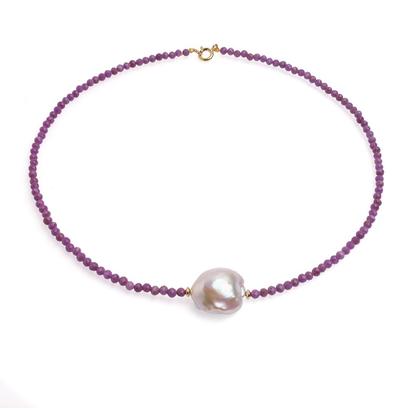 Collier mit weißer Baroque-Perle und Lepidolith 3-3.5 mm , 43 cm, vergoldet