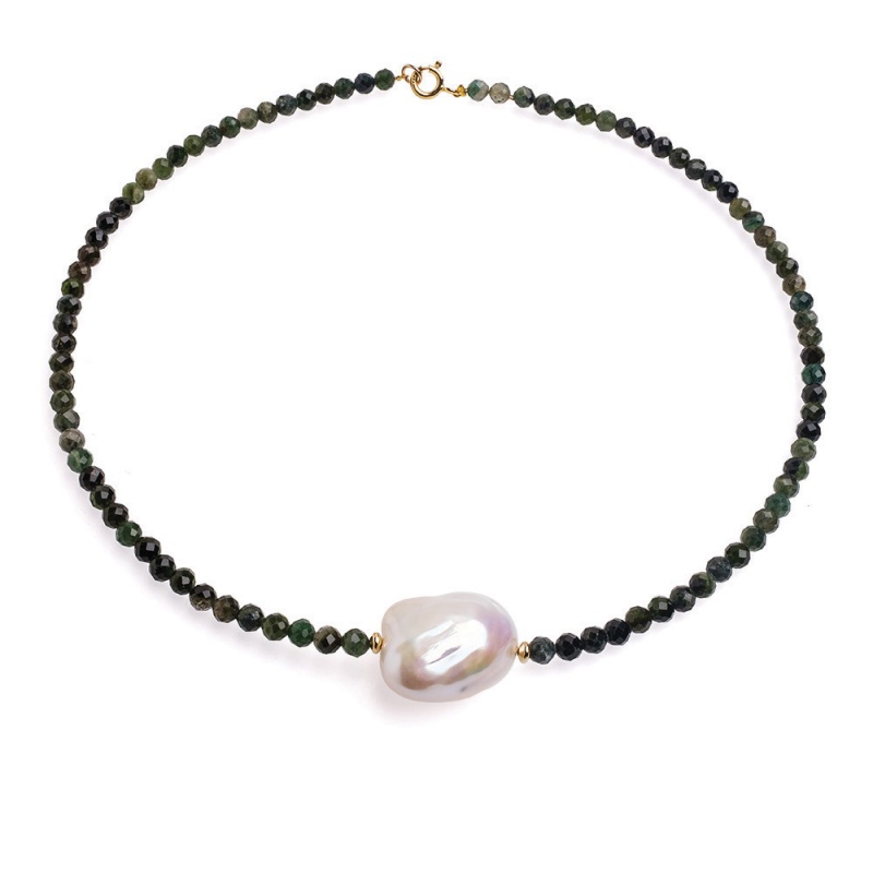 Collier mit weißer Baroque-Perle und grünem Turmalin 4.5 mm , 43 cm, vergoldet