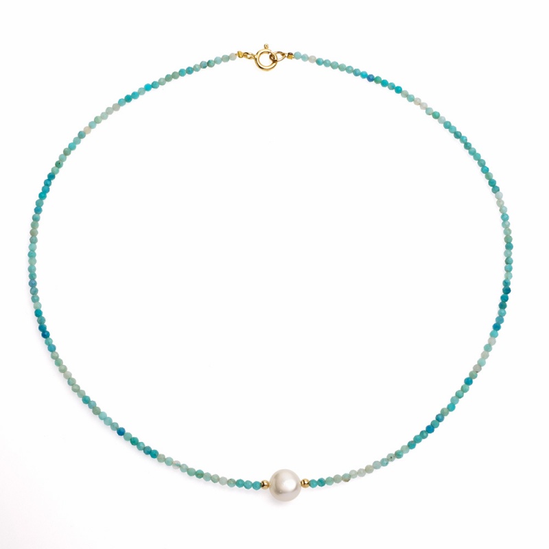 Collier, 7-9mm Zuchtperle, weiß, Amazonit, vergolded