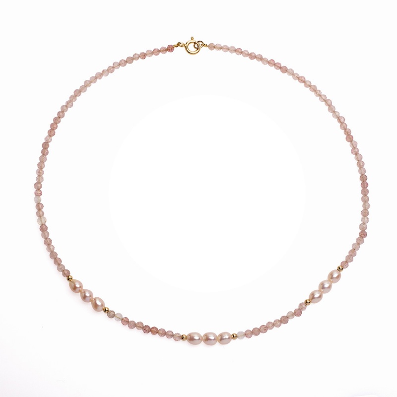 Collier mit 4-5 mm rosa Zuchtperlen, 3-3.5mm Rosenquarz , 41 cm, vergoldet