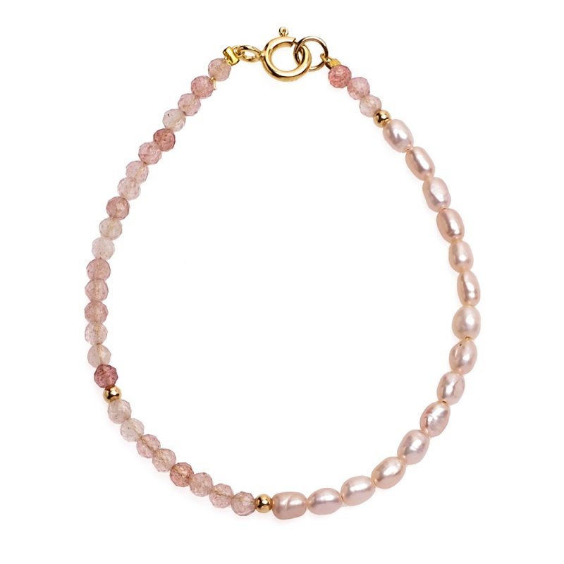 Armband mit 3-4 mm rosa Zuchtperlen, 3-3.5mm Rosenquarz , 18cm, vergoldet