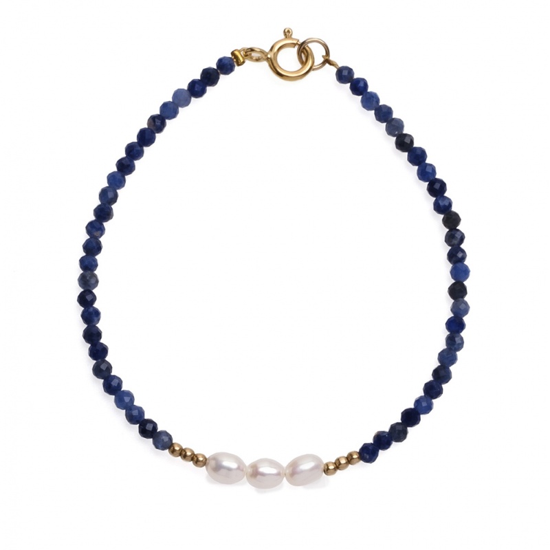 Armband mit 4-5 mm Zuchtperlen, weiß, 3-3.5mm Sodalith, 18cm, vergoldet