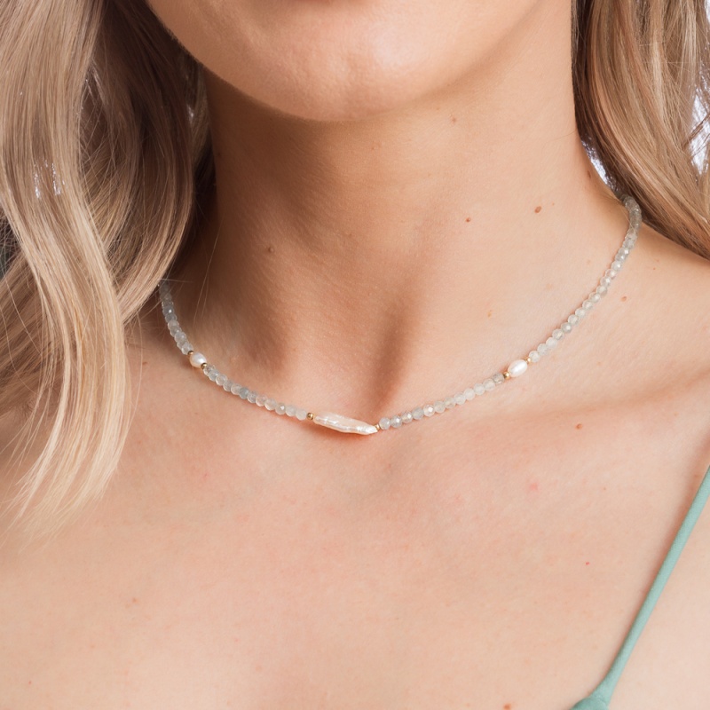 Collier, 3-4mm Zuchtperlen, weiß, Aquamarin, vergolded