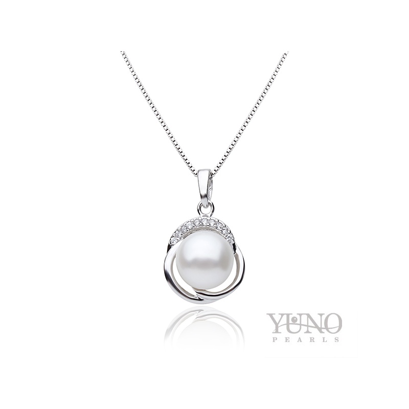 Anhänger, 9-10 mm Zuchtperle, weiß, Zirkonia, Silber