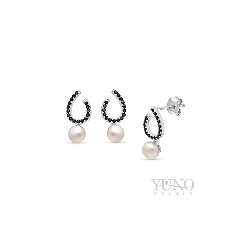 Ohrstecker, 4-5 mm Zuchtperle, weiß, schwarze Zirkonia, Silber