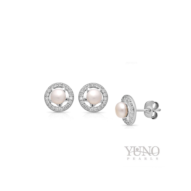 Ohrstecker, 4-5mm Zuchtperlen, weiß, Zirkonia, Silber