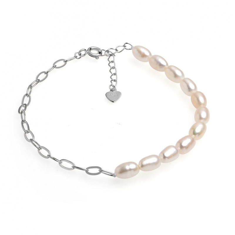 Armband 4-4.5 mm Zuchtperlen, weiß, 16+3 cm, Silberkette