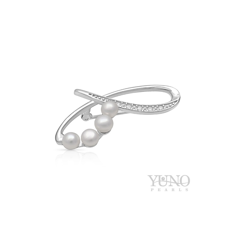 Brosche 4-5 mm Zuchtperlen, weiß, Silber, Zirkonia