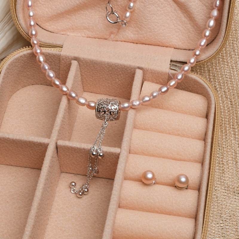 Geschenk-Set Kette und Ohrringe, 3.5 mm a 5-5.5mm, Zuchtperlen, rosa, Silber