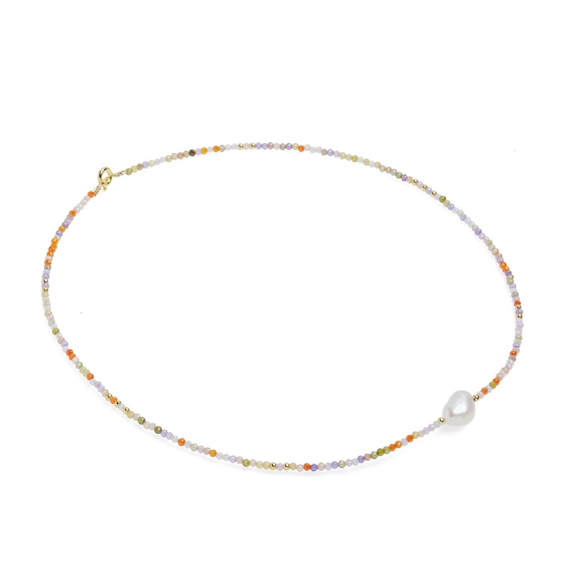 Collier, ovale Zuchtperle, weiß,2mm Spinnell mix, vergoldeter Verschluss