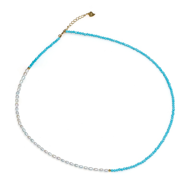 Collier, 2-3mm Zuchtperlen, weiß, Türkis, vergolded