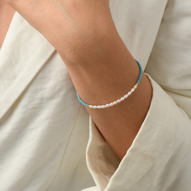 Armband, 2-3mm Zuchtperlen, weiß, Türkis, vergolded