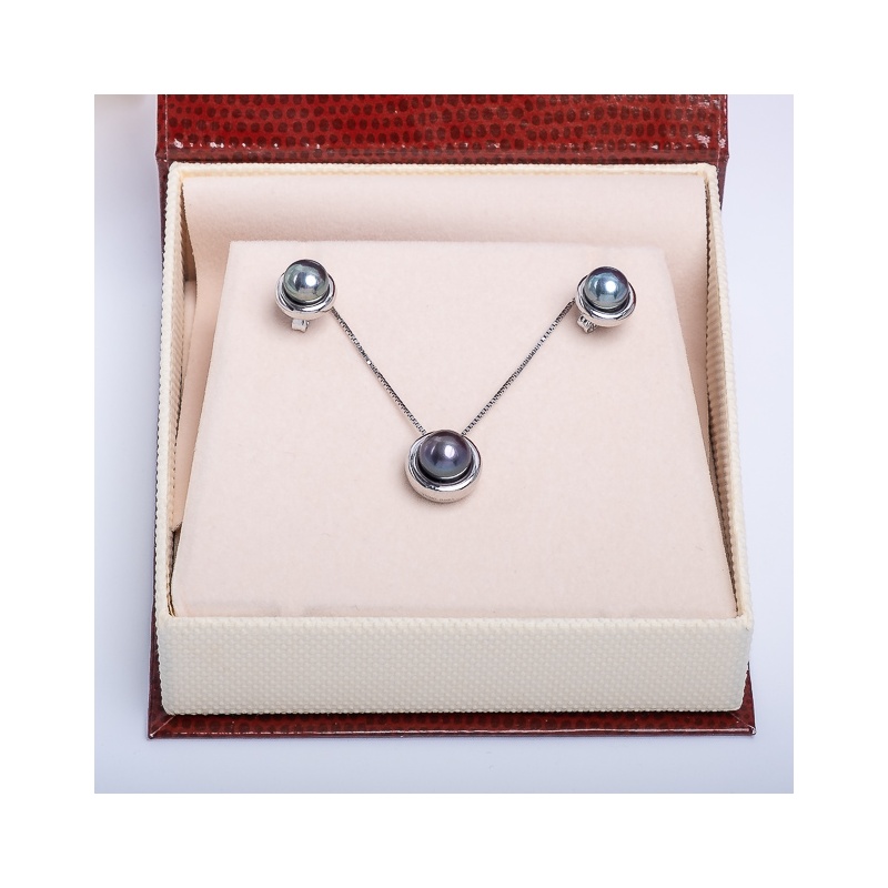 Set Ohrringe und Anhänger, 6-7mm und 7-8mm Zuchtperlen, dunkel, Silber